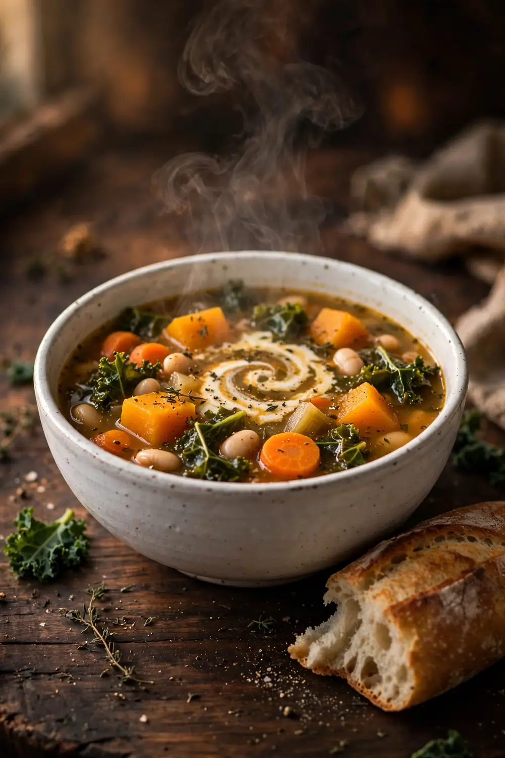 Hearty harvest vegetable soup with squash kale and white beans