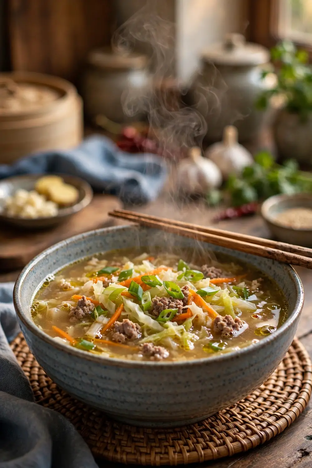 Egg roll soup bowls, one of 20 satisfying low carb dinners
