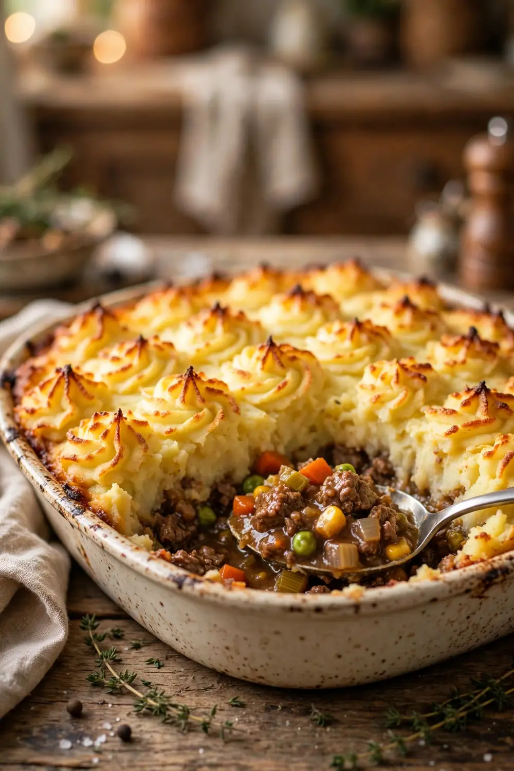 Shepherd's pie with golden mashed potato topping and beef filling