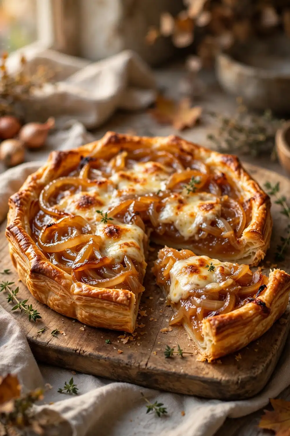 Caramelized onion tart with jammy onions and gruyere on puff pastry