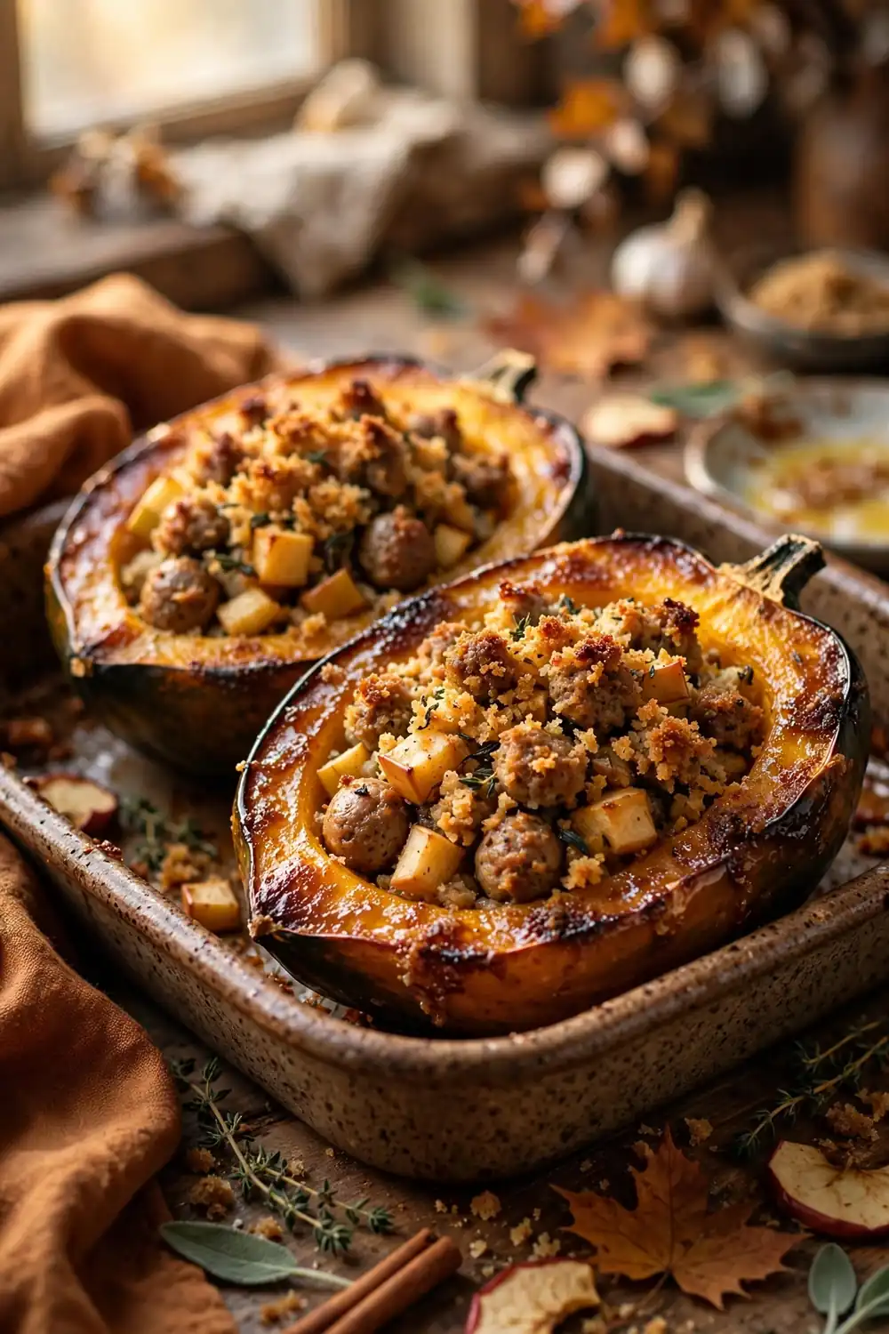 Baked acorn squash halves stuffed with sausage apple and breadcrumbs