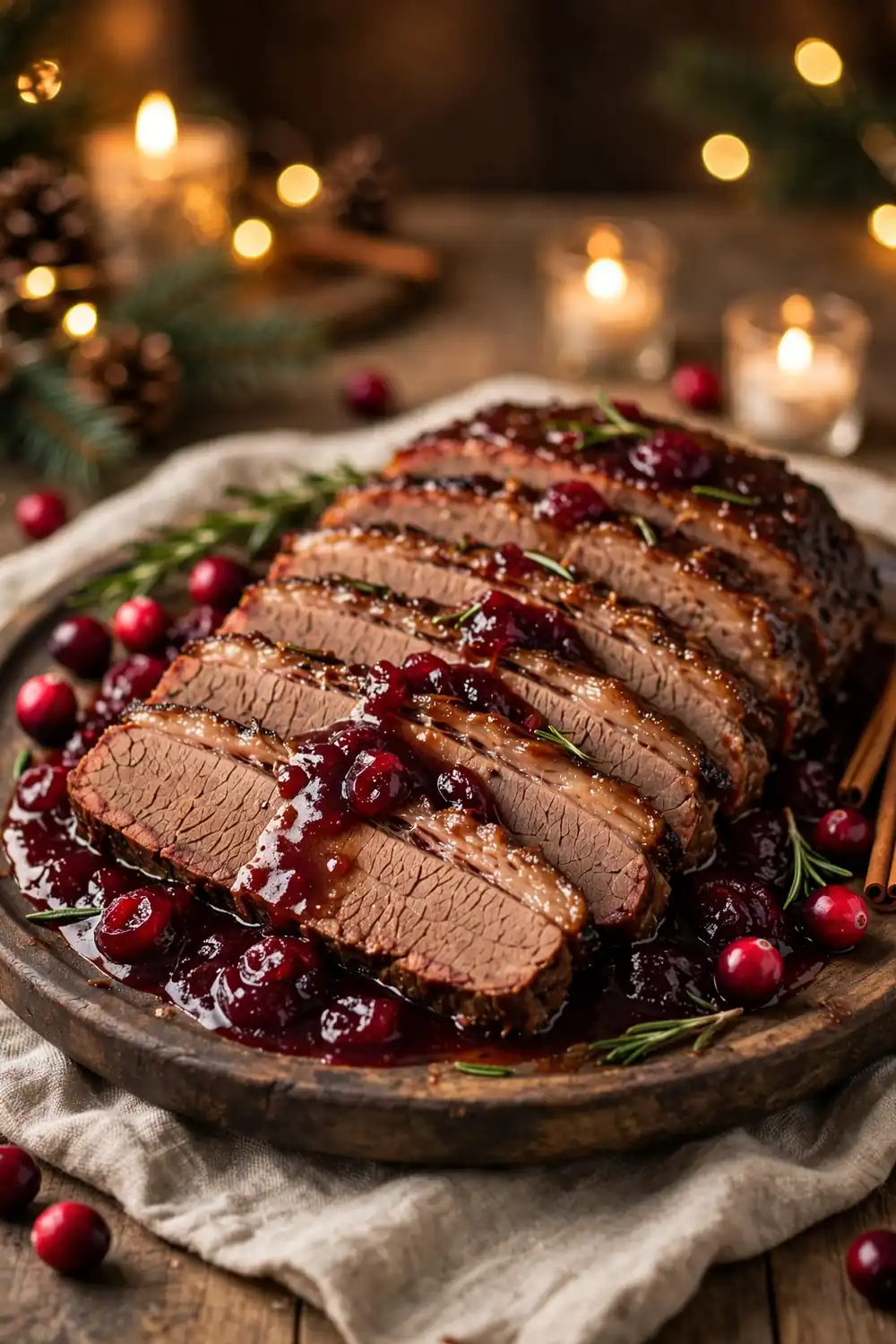 Sliced beef brisket with glossy cranberry glaze on a platter