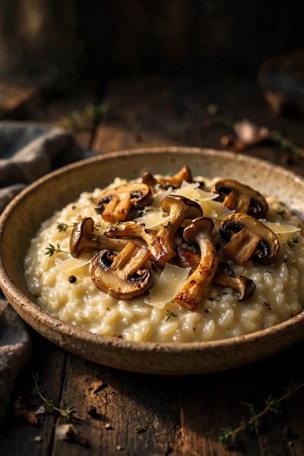 Creamy mushroom risotto with seared mushrooms and parmesan