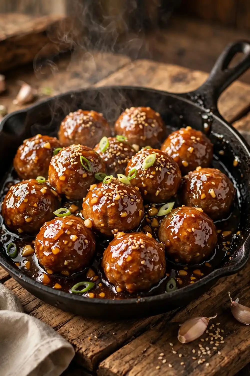 Honey garlic meatballs with sticky glaze sesame seeds and scallions