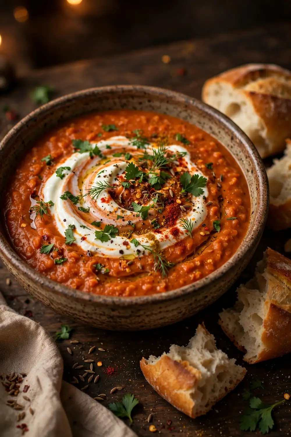 Spiced red lentil stew with yogurt swirl and fresh herbs