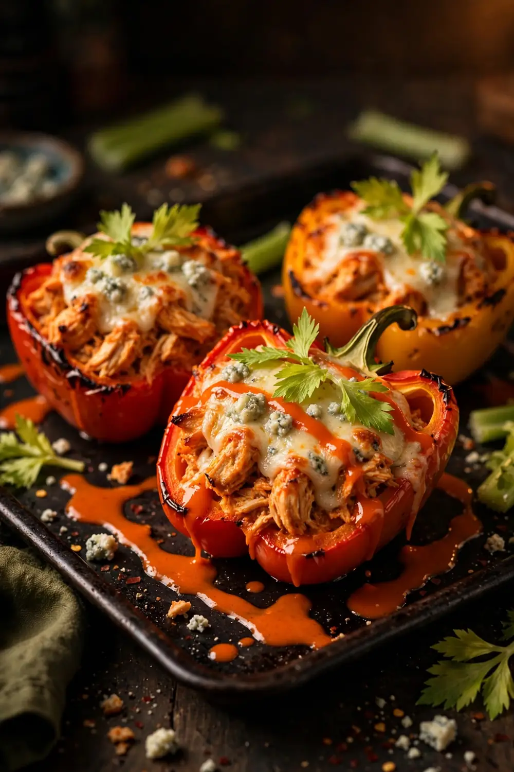 Buffalo chicken stuffed peppers, one of 20 satisfying low carb dinners