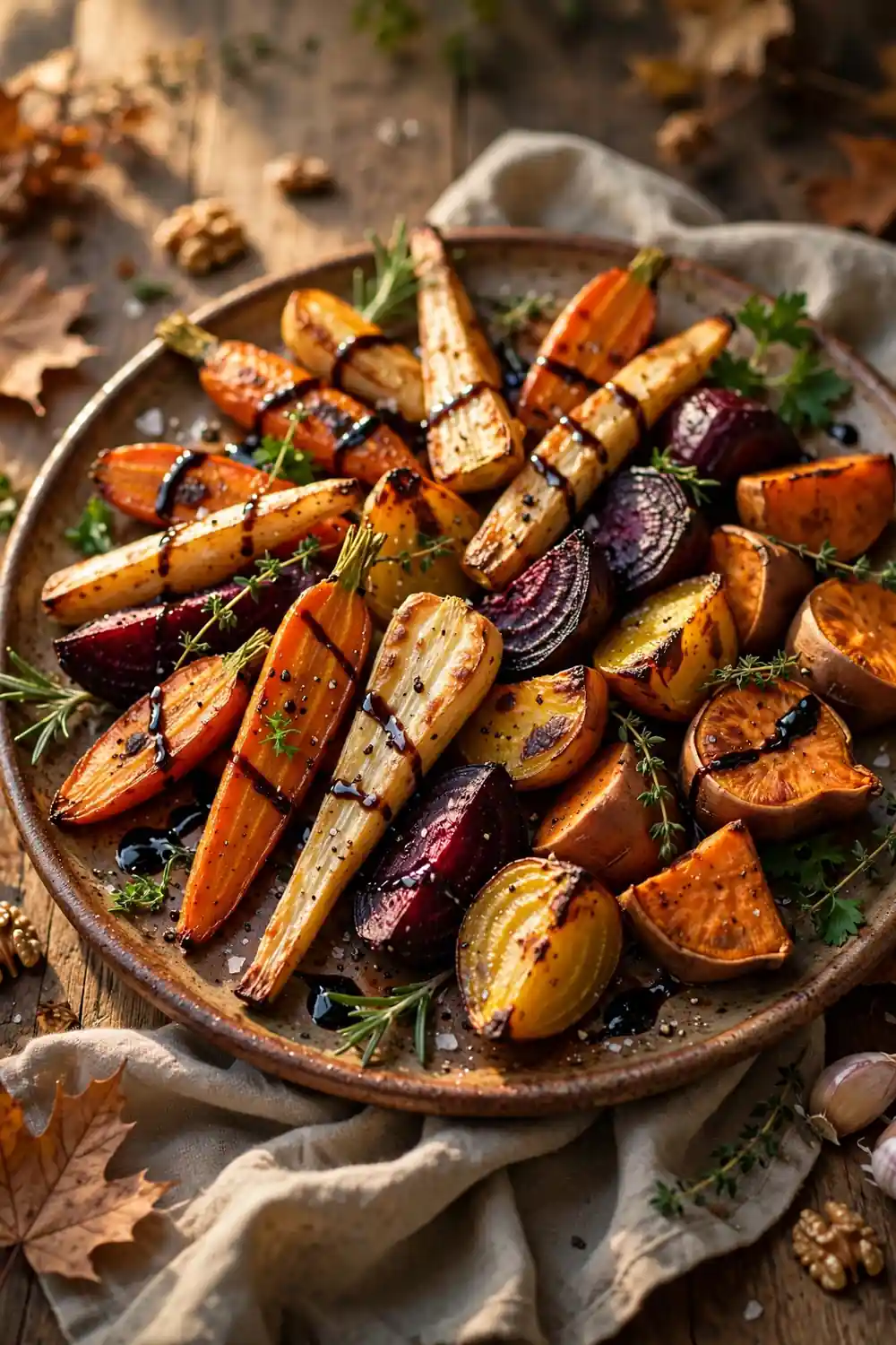 Roasted root vegetable platter with carrots parsnips beets and herbs