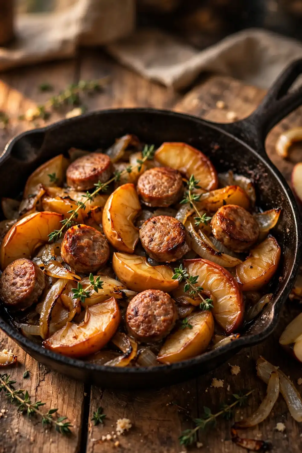 Apple sausage skillet with caramelized onions in cast iron