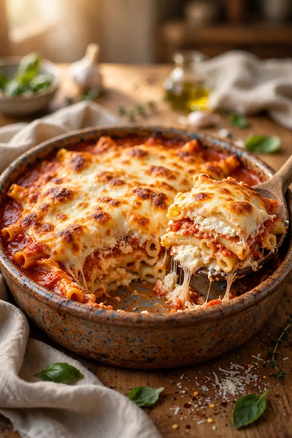 Cheesy baked ziti with bubbling mozzarella and tomato sauce