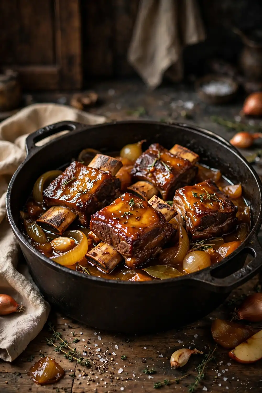 Apple cider braised ribs with sticky glaze in a dutch oven