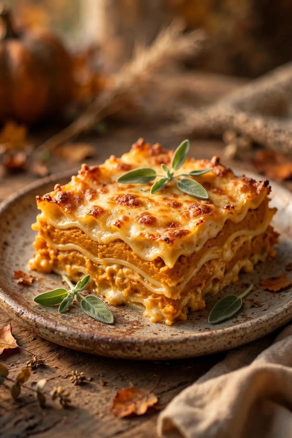 Savory pumpkin lasagna slice with crispy golden cheese top