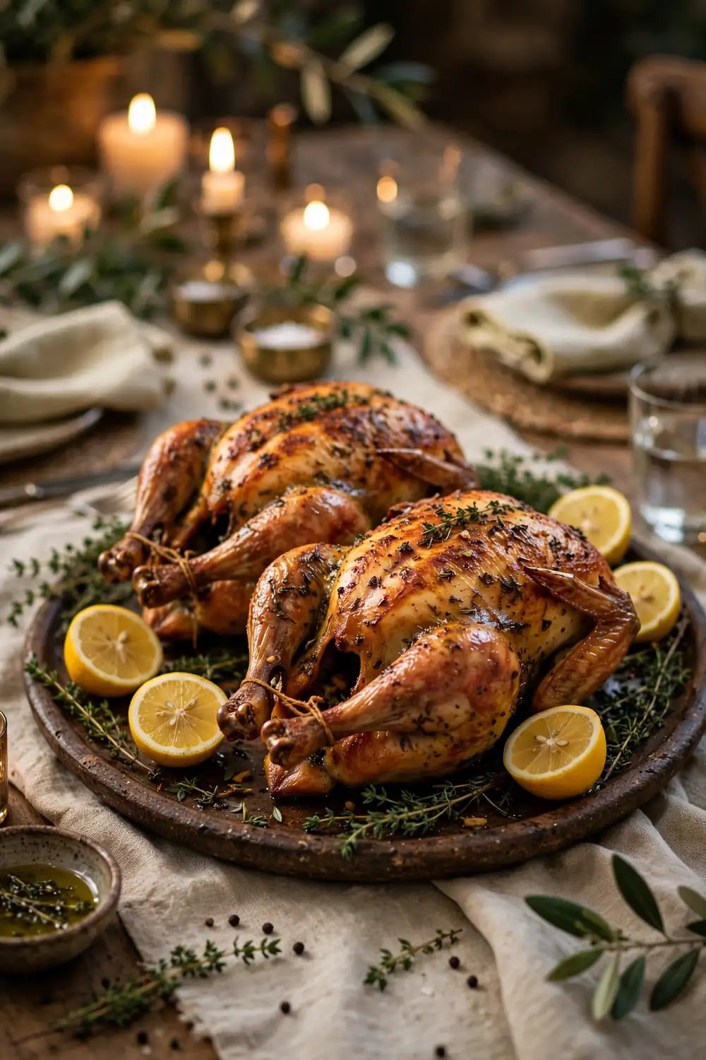 Roasted herbed cornish hens with lemon and thyme on a platter