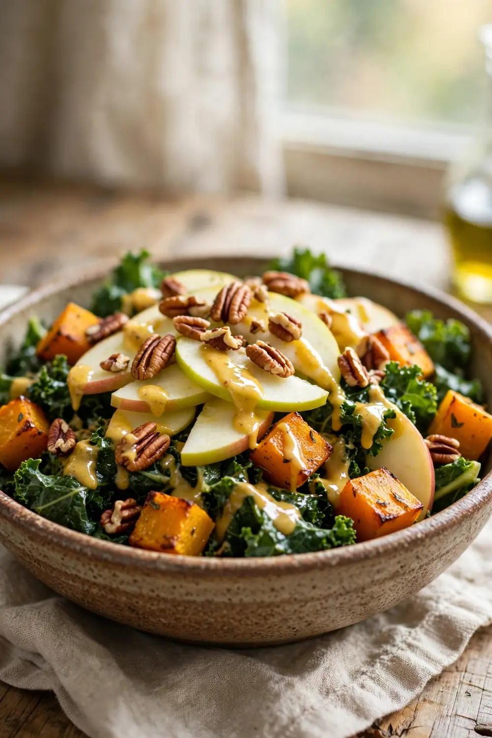 Warm harvest salad with kale roasted squash apples and pecans