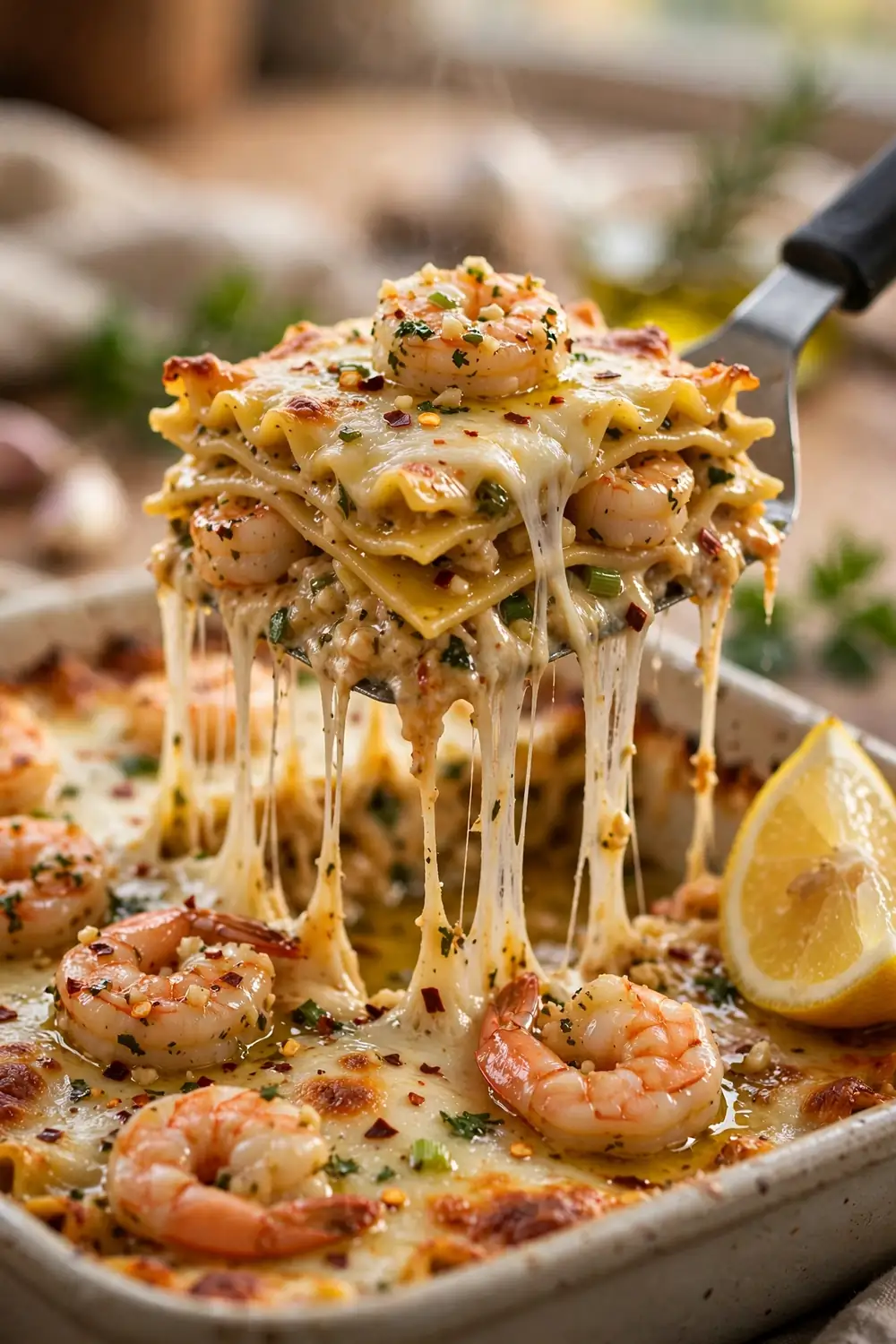 Shrimp scampi layered pasta bake