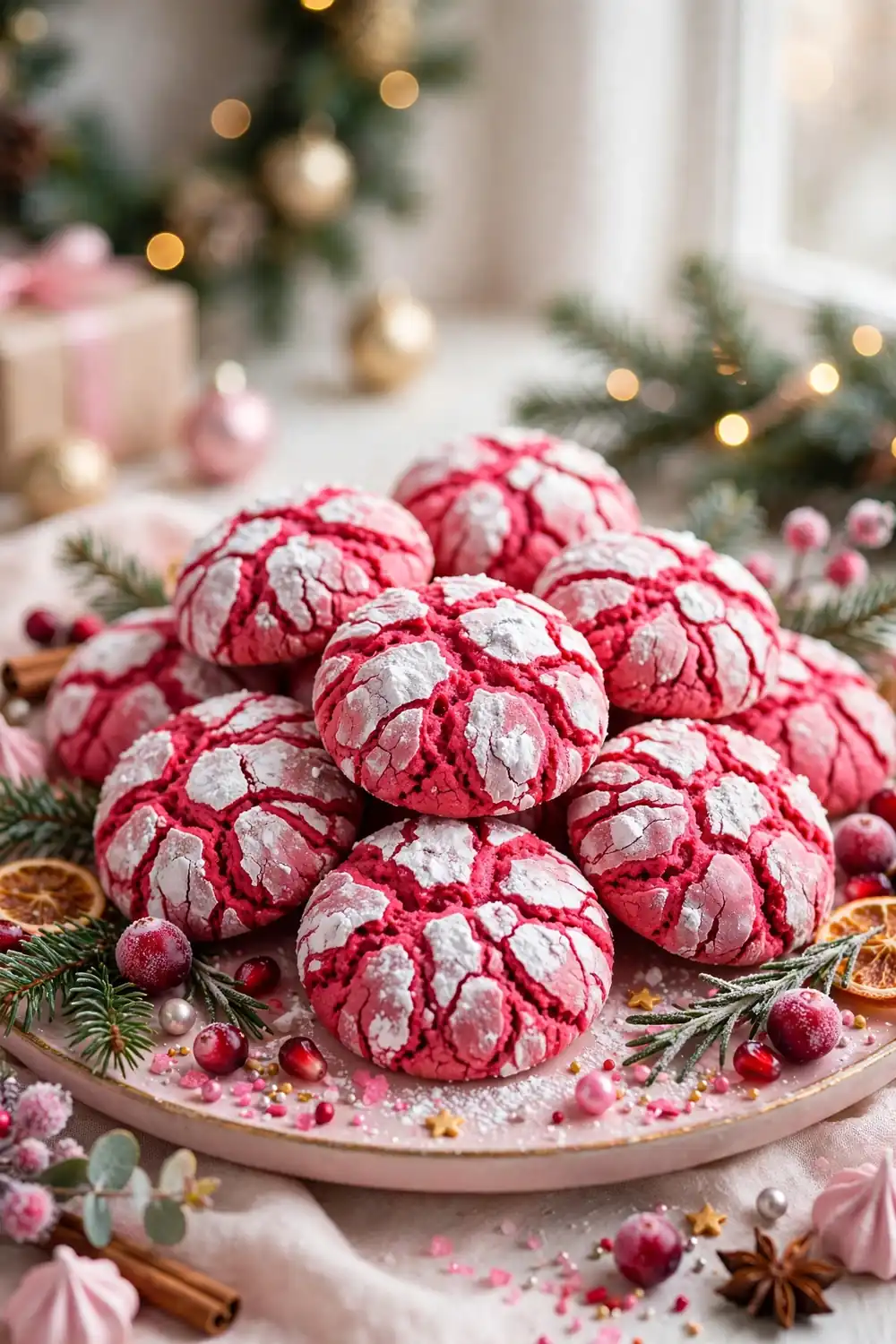Pink velvet crinkle cookies