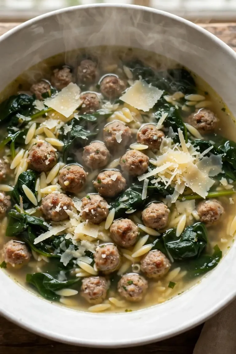 Classic wedding soup with tiny meatballs, spinach, and orzo in clear broth