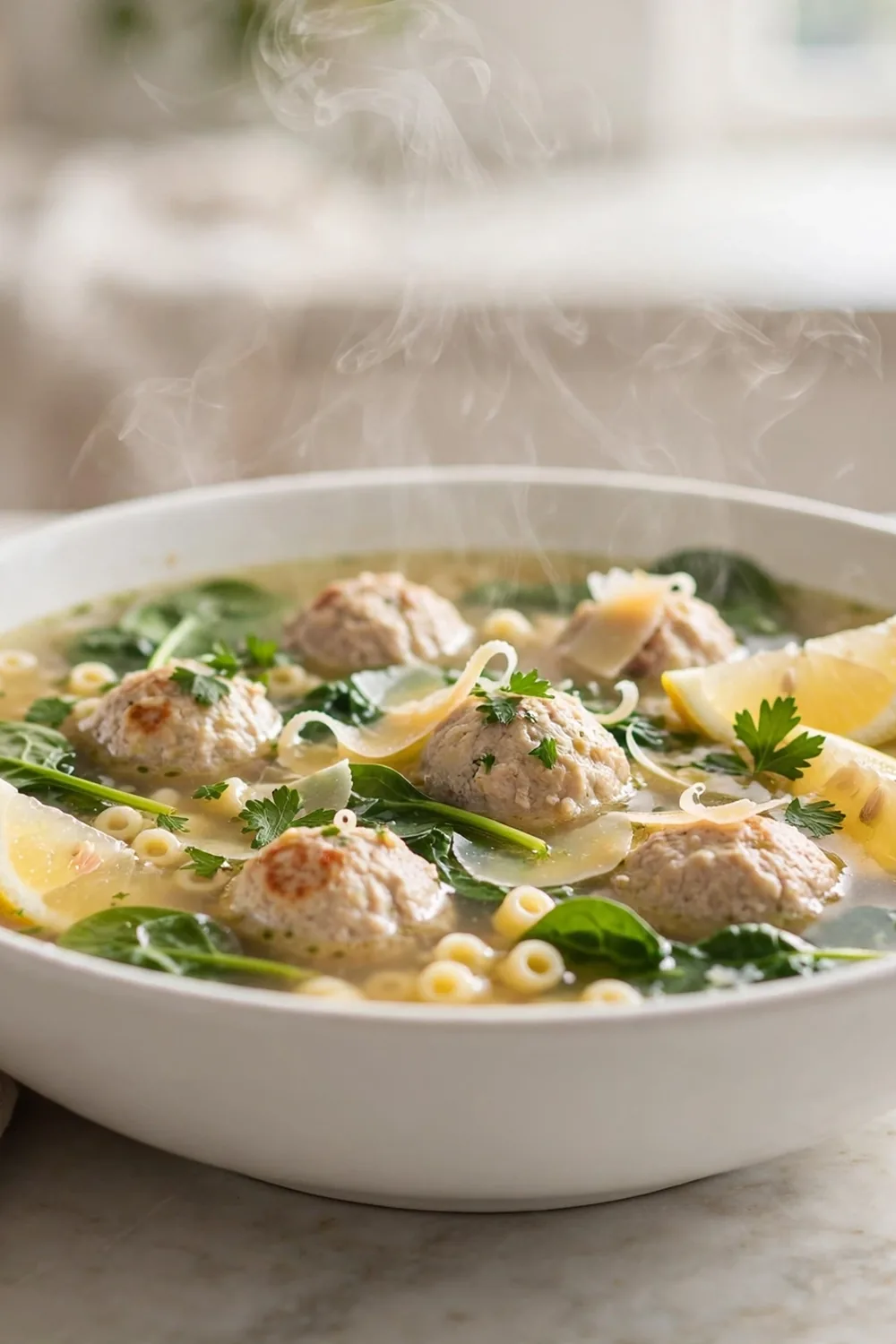 Chicken meatball wedding soup with spinach and lemon in a white bowl