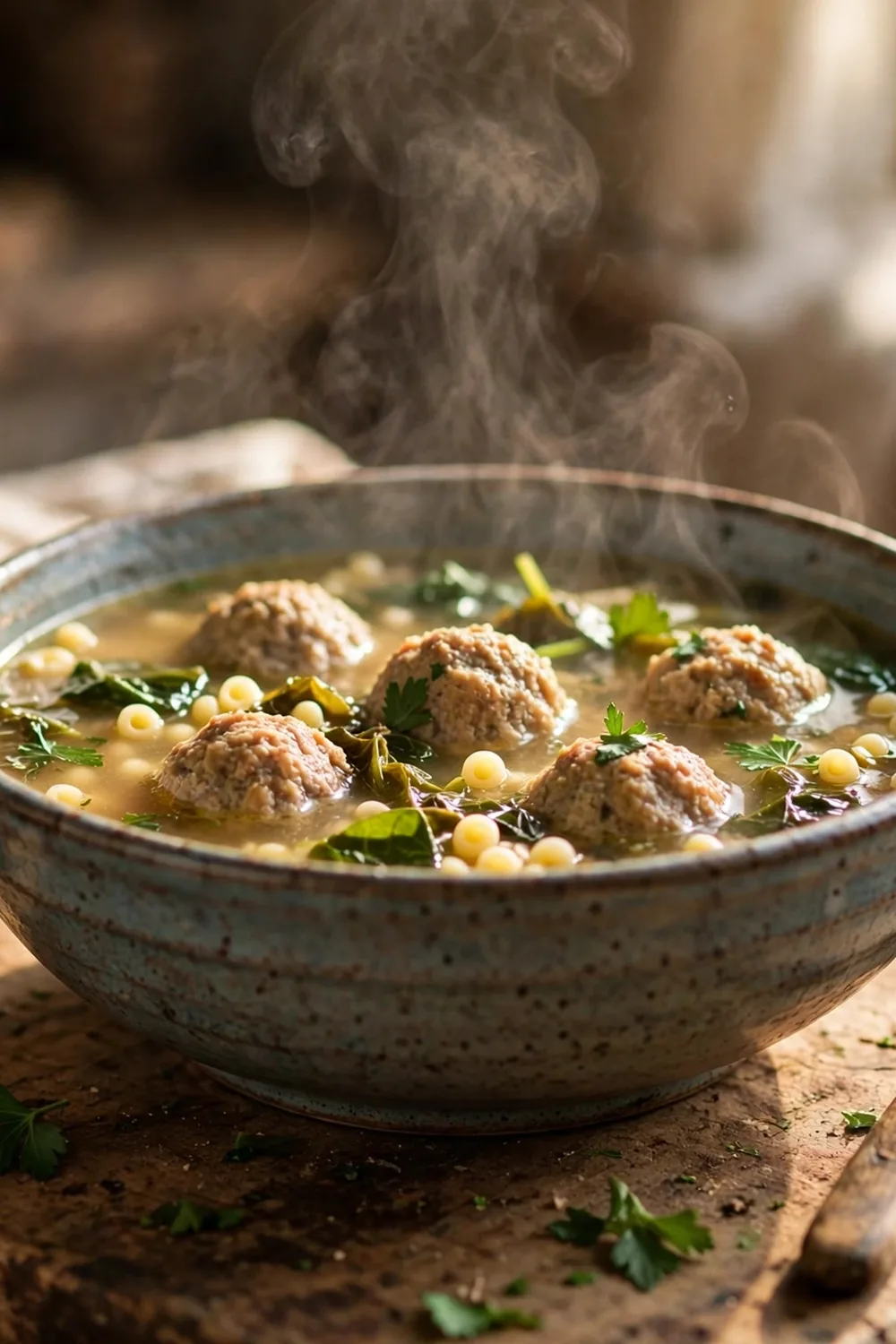 Turkey meatball soup with greens and small pasta in a rustic bowl