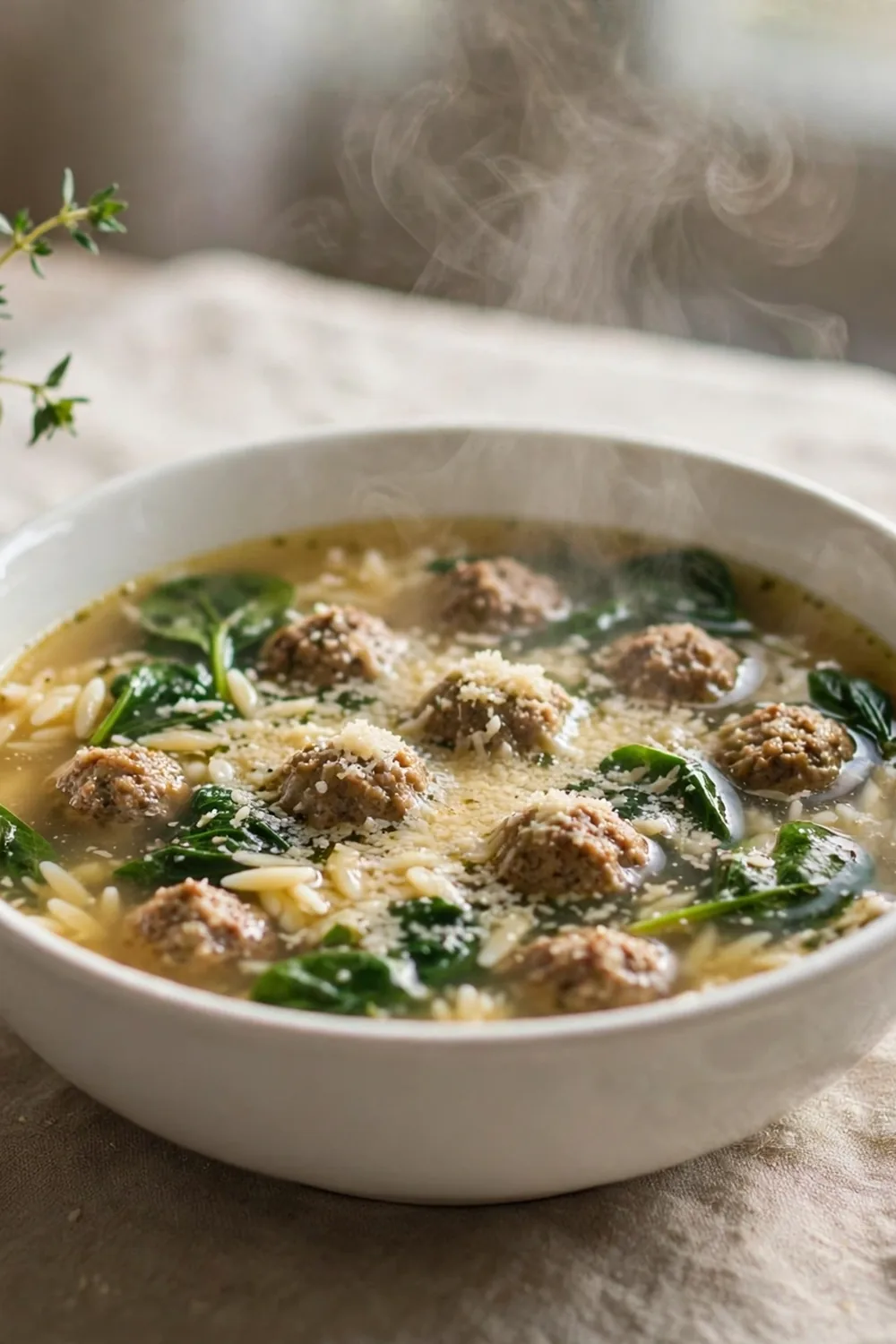 Wedding soup with spinach and orzo, parmesan, and meatballs