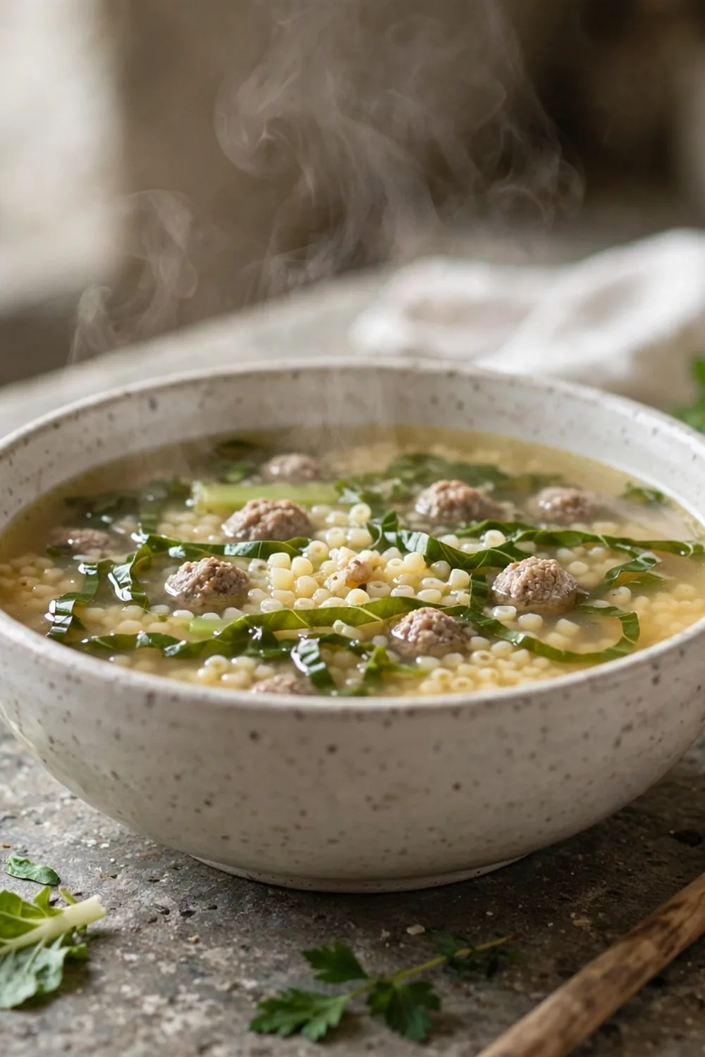 Wedding soup with escarole greens, meatballs, and tiny pasta