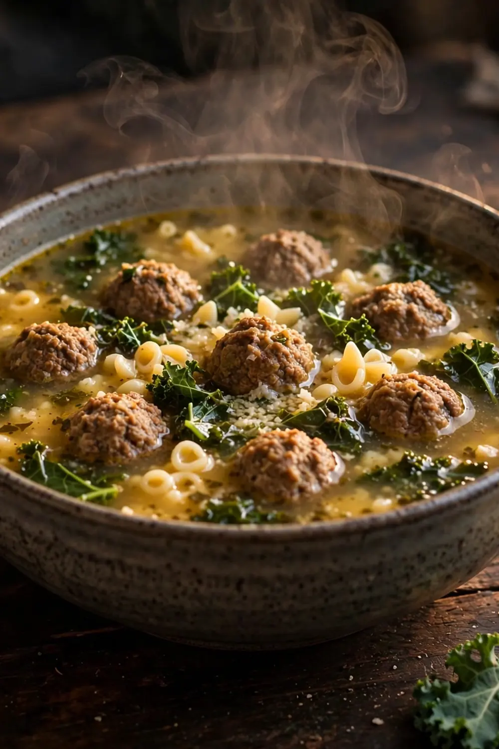 Hearty wedding soup with kale, meatballs, and broth in a bowl