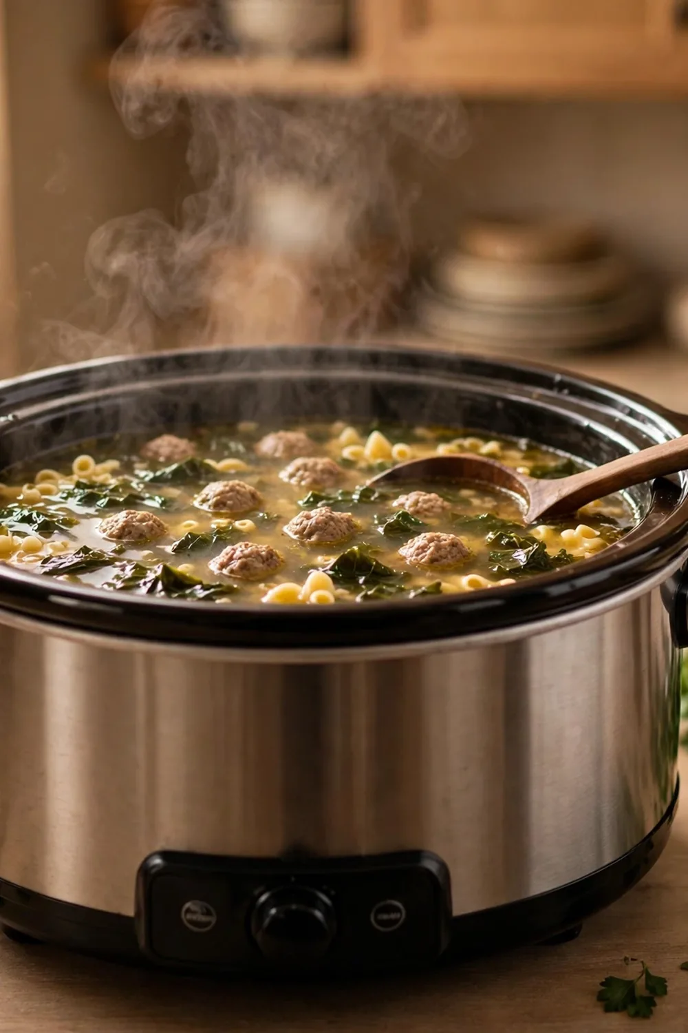 Slow cooker wedding soup with meatballs and greens in a pot