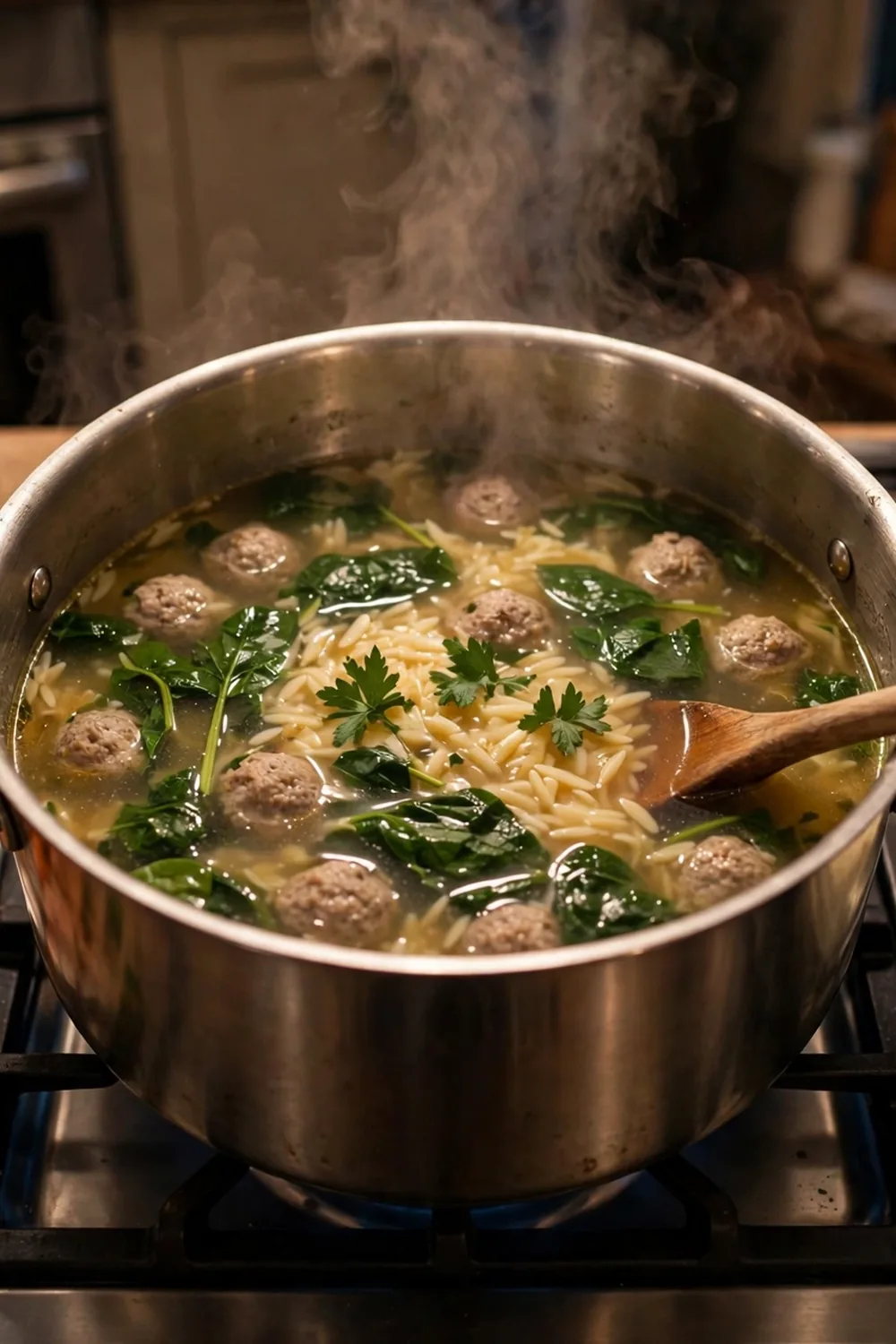 One pot weeknight wedding soup with meatballs and spinach
