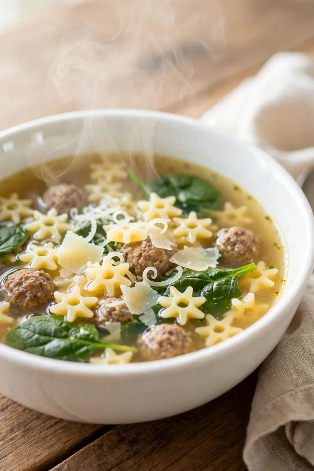 Wedding soup with pastina pasta, meatballs, and greens