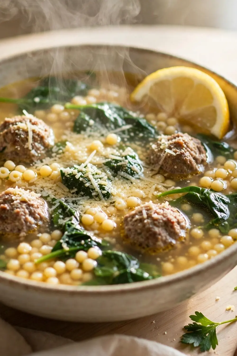 Wedding soup with acini di pepe pasta pearls and meatballs