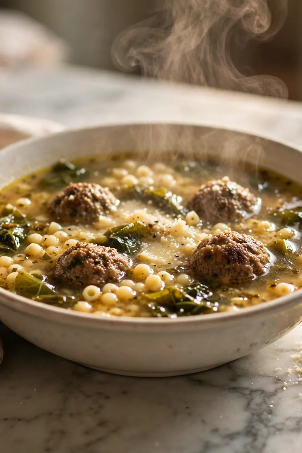 Wedding soup with parmesan broth, meatballs, and greens