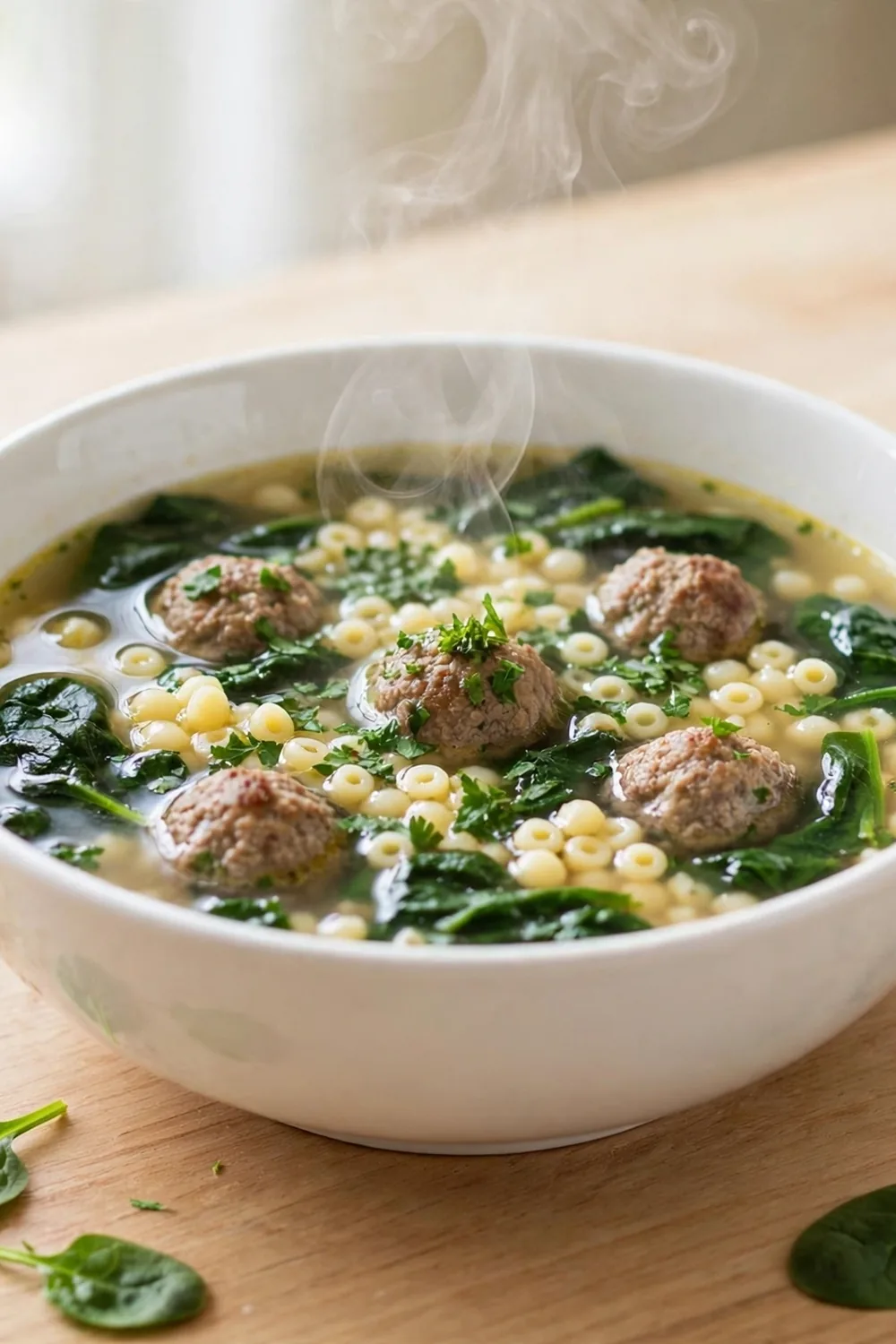 Wedding soup with lemon, meatballs, spinach, and pasta