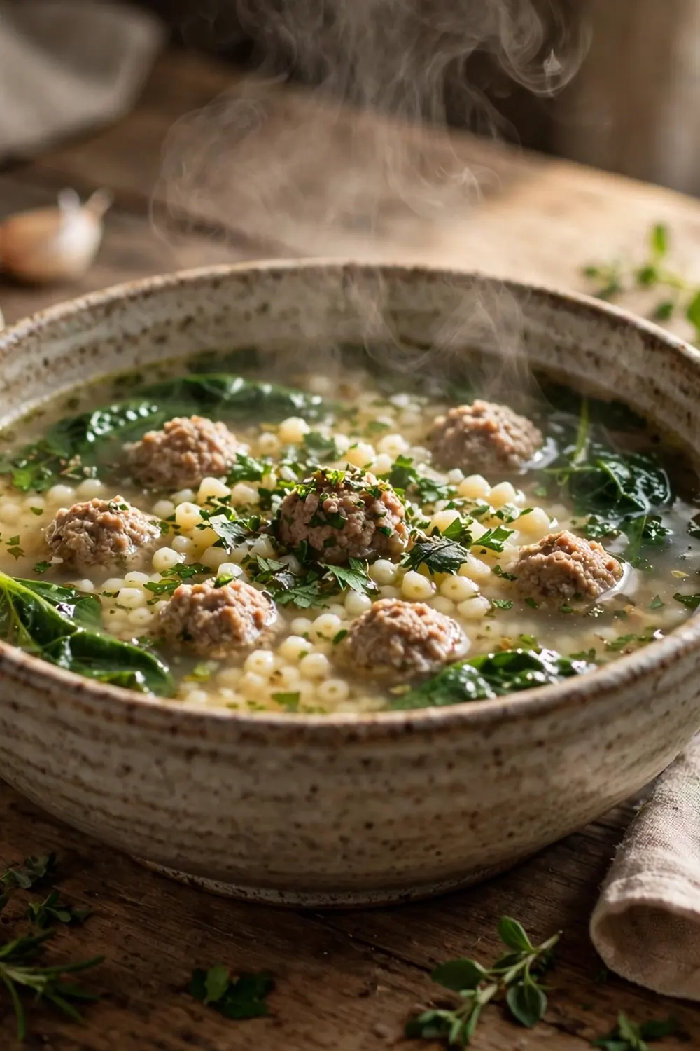 Wedding soup with garlic, herbs, meatballs, and greens