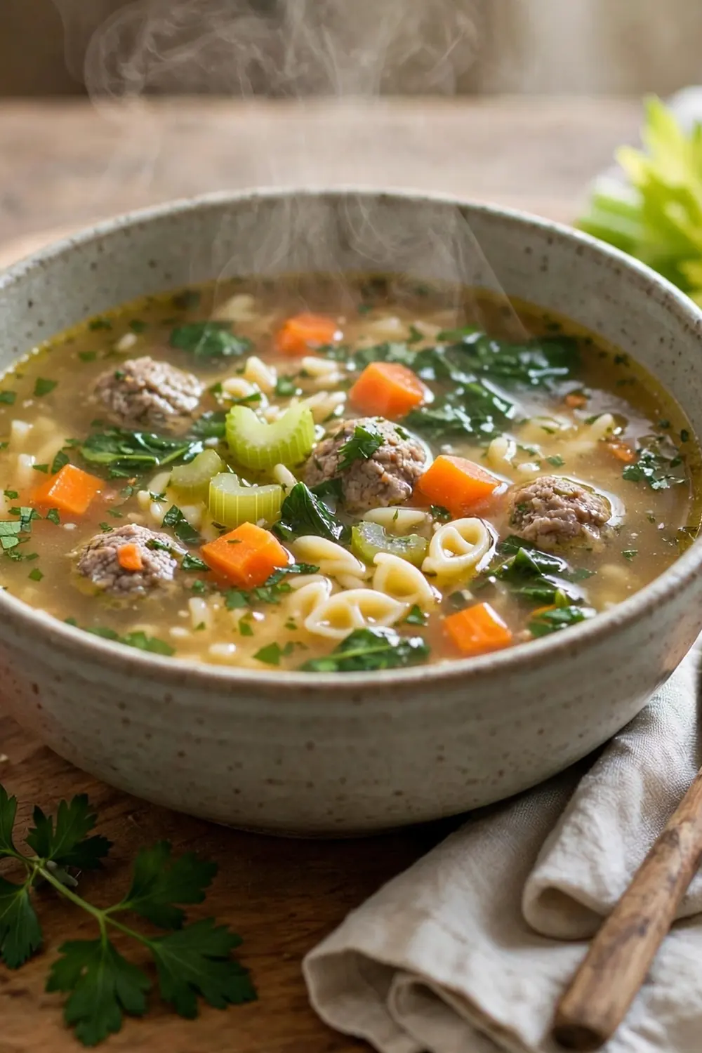 Wedding soup with carrots, celery, meatballs, and broth