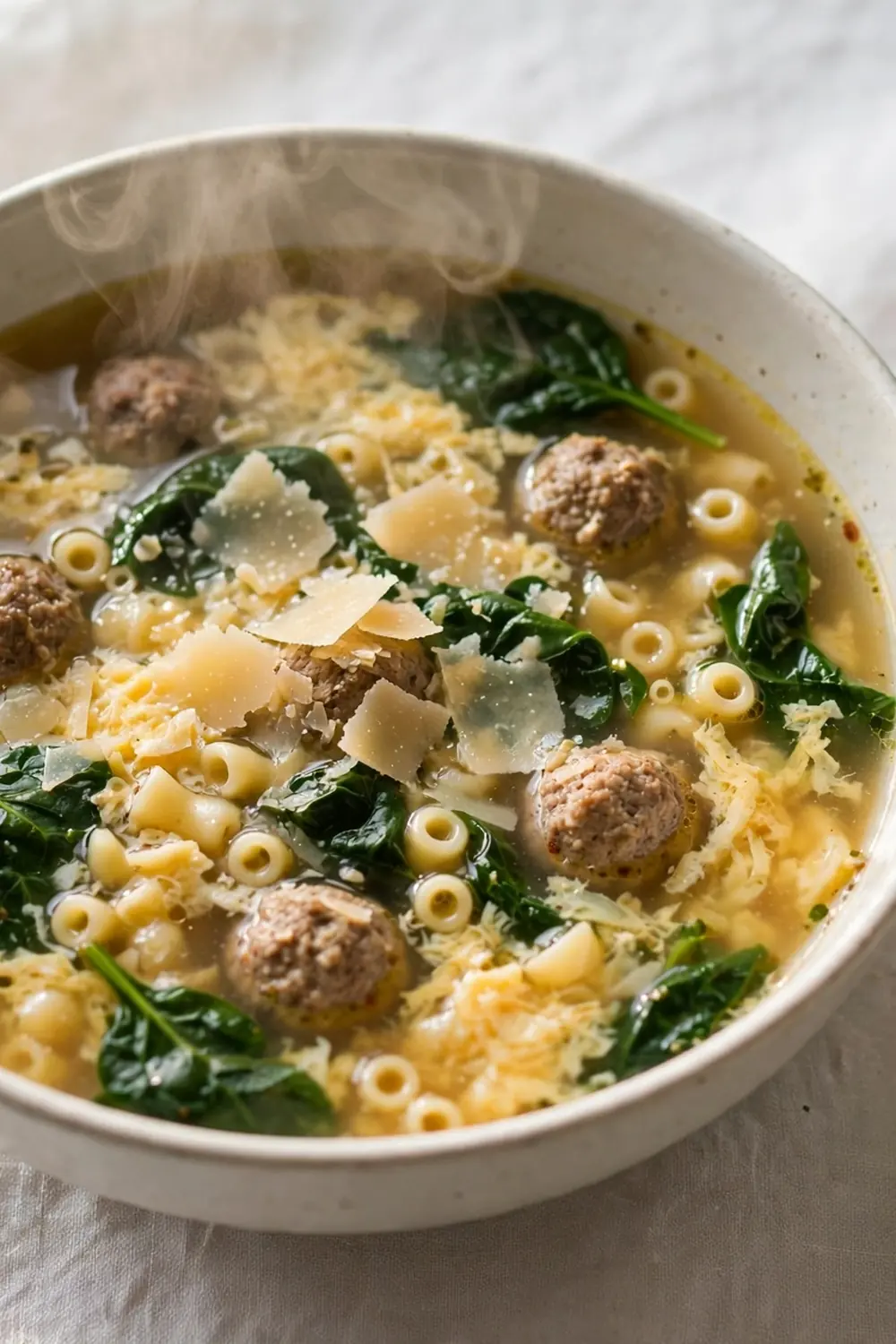 Wedding soup with silky egg ribbons, meatballs, and greens