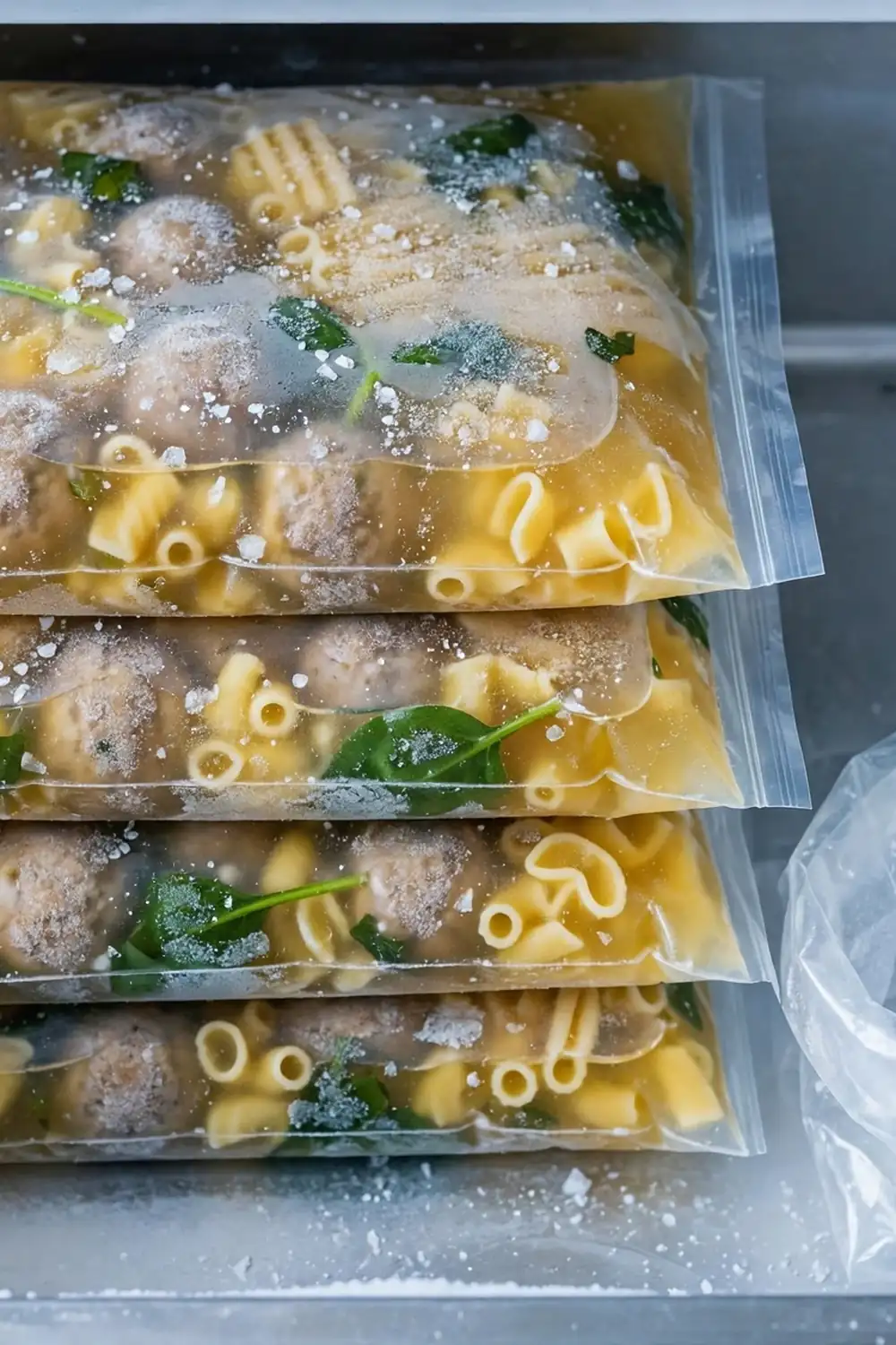 Freezer bags of wedding soup broth with meatballs