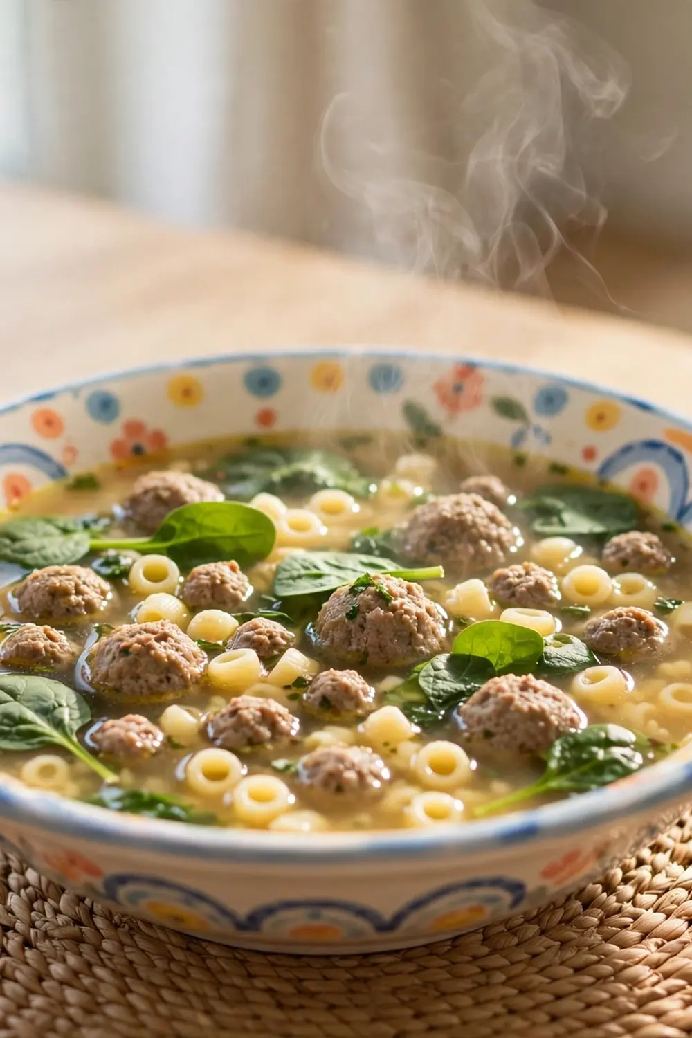 Kid friendly wedding soup with small meatballs and spinach