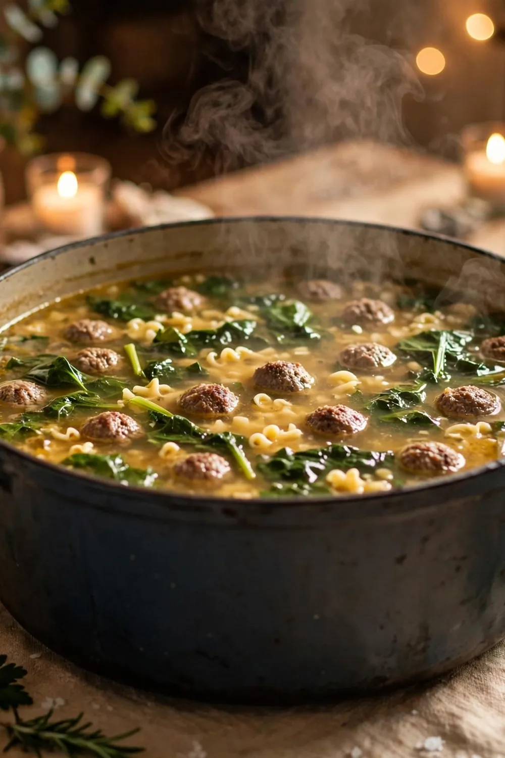 Sunday supper wedding soup pot with meatballs and greens