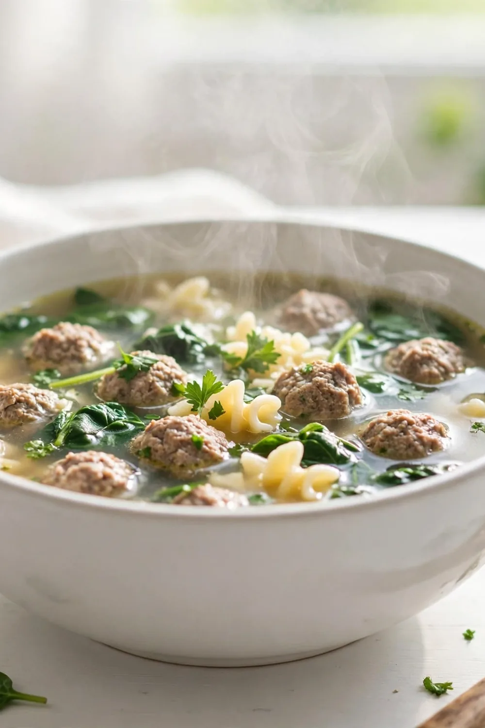 Light brothy wedding soup with spinach and meatballs