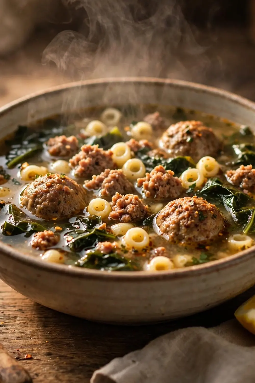 Spicy sausage wedding soup with meatballs and greens