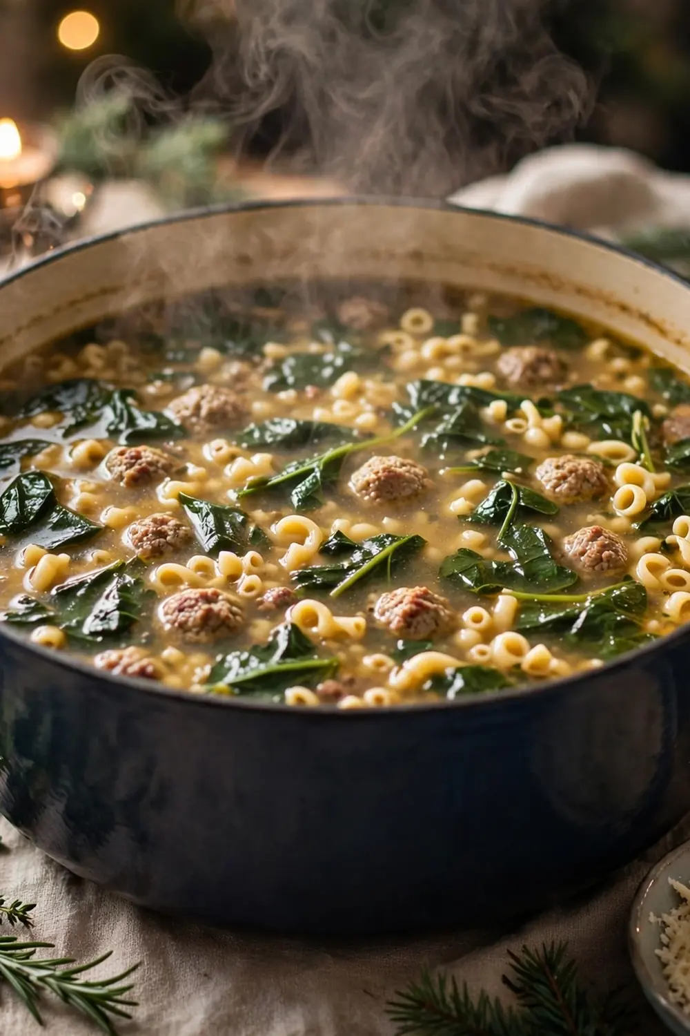 Holiday pot of wedding soup with meatballs and greens