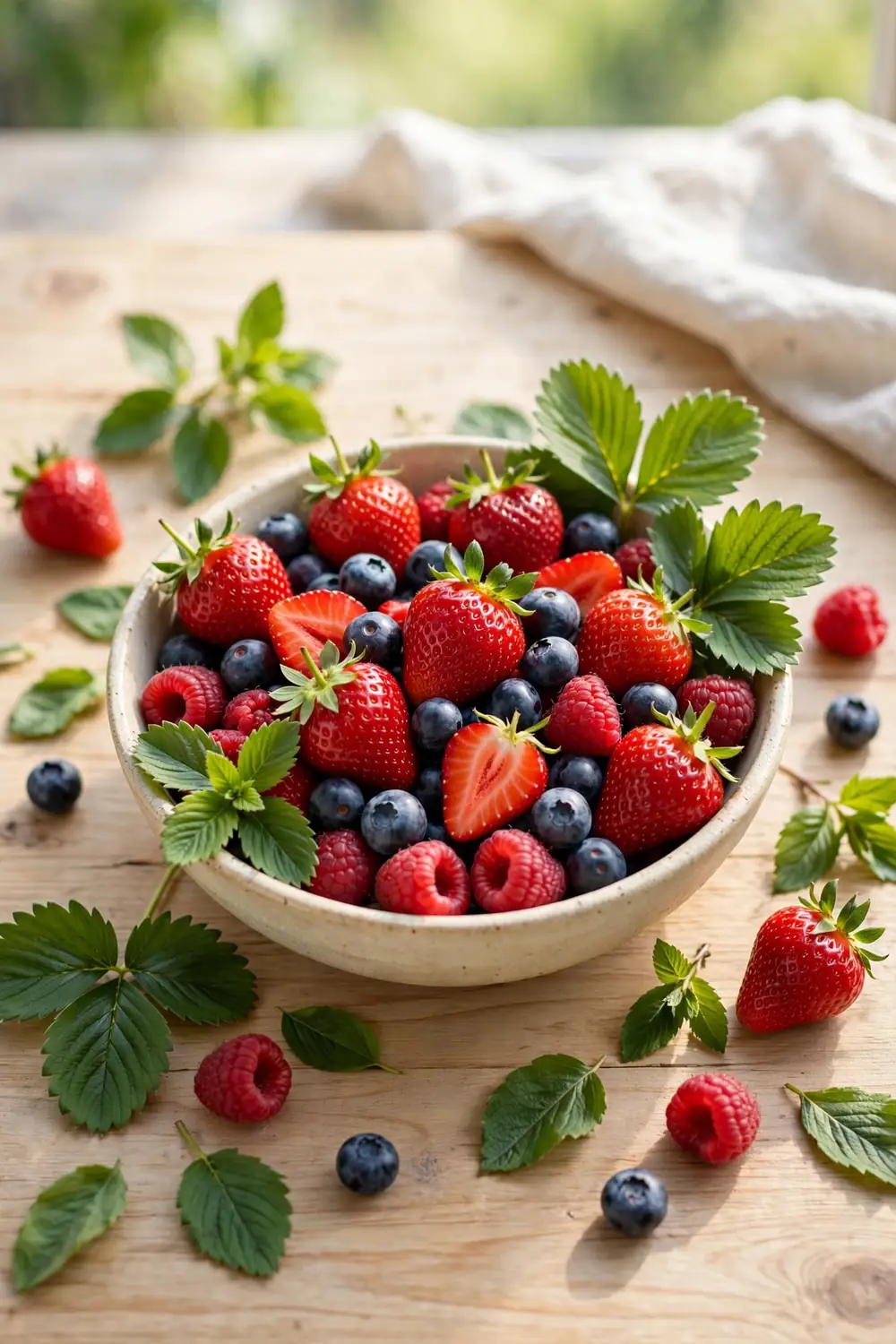 Bowl of ripe strawberries and berries on a wooden table
