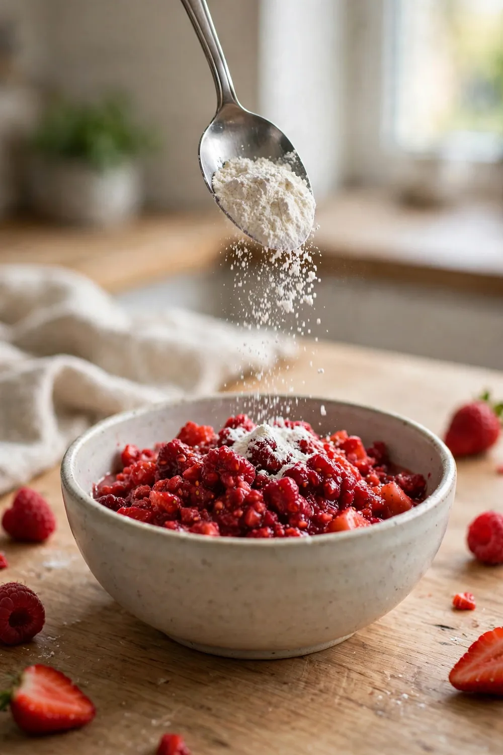 Spoon adding powdered pectin over crushed fruit