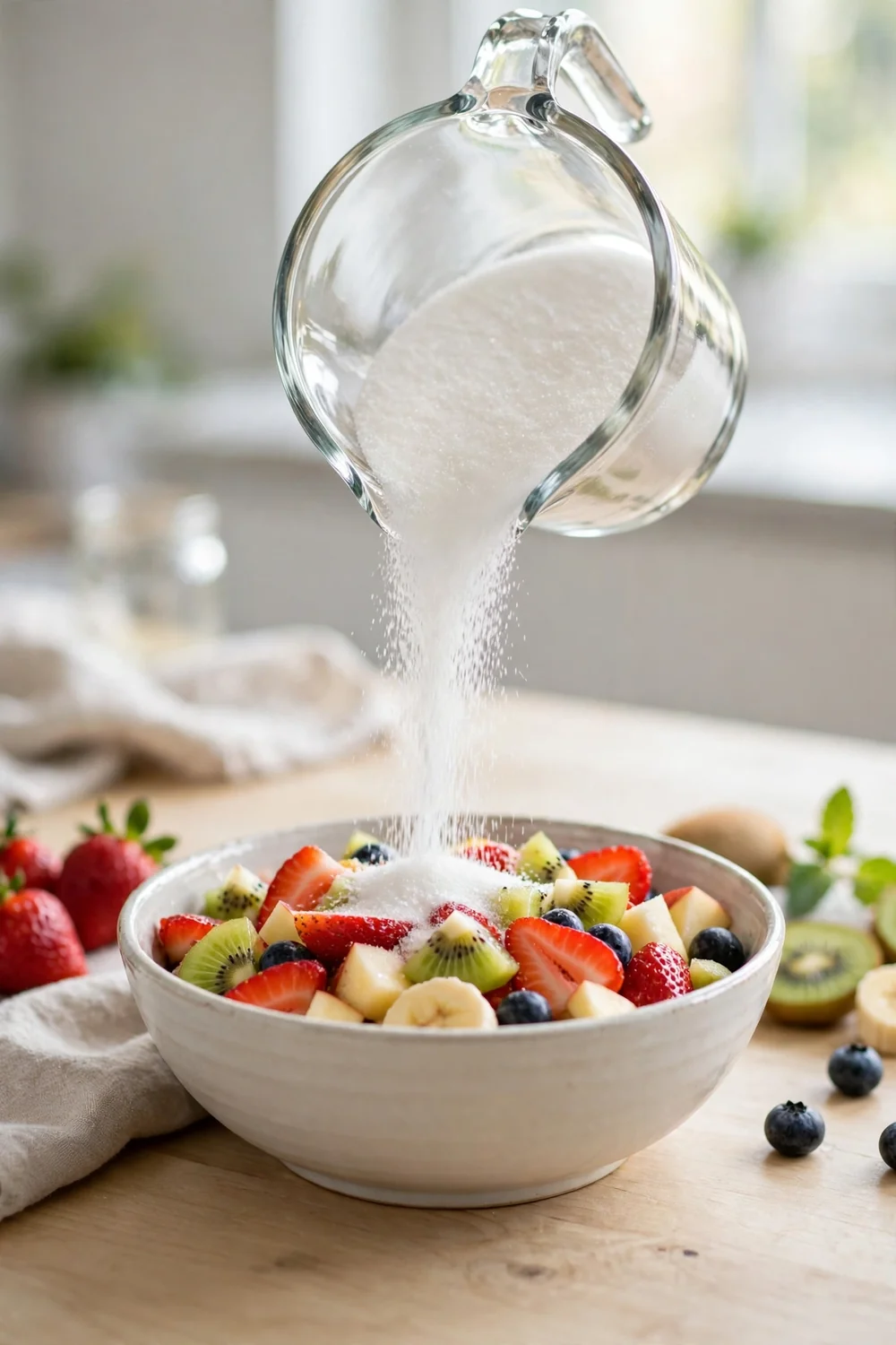 Measuring sugar into a bowl of chopped fruit