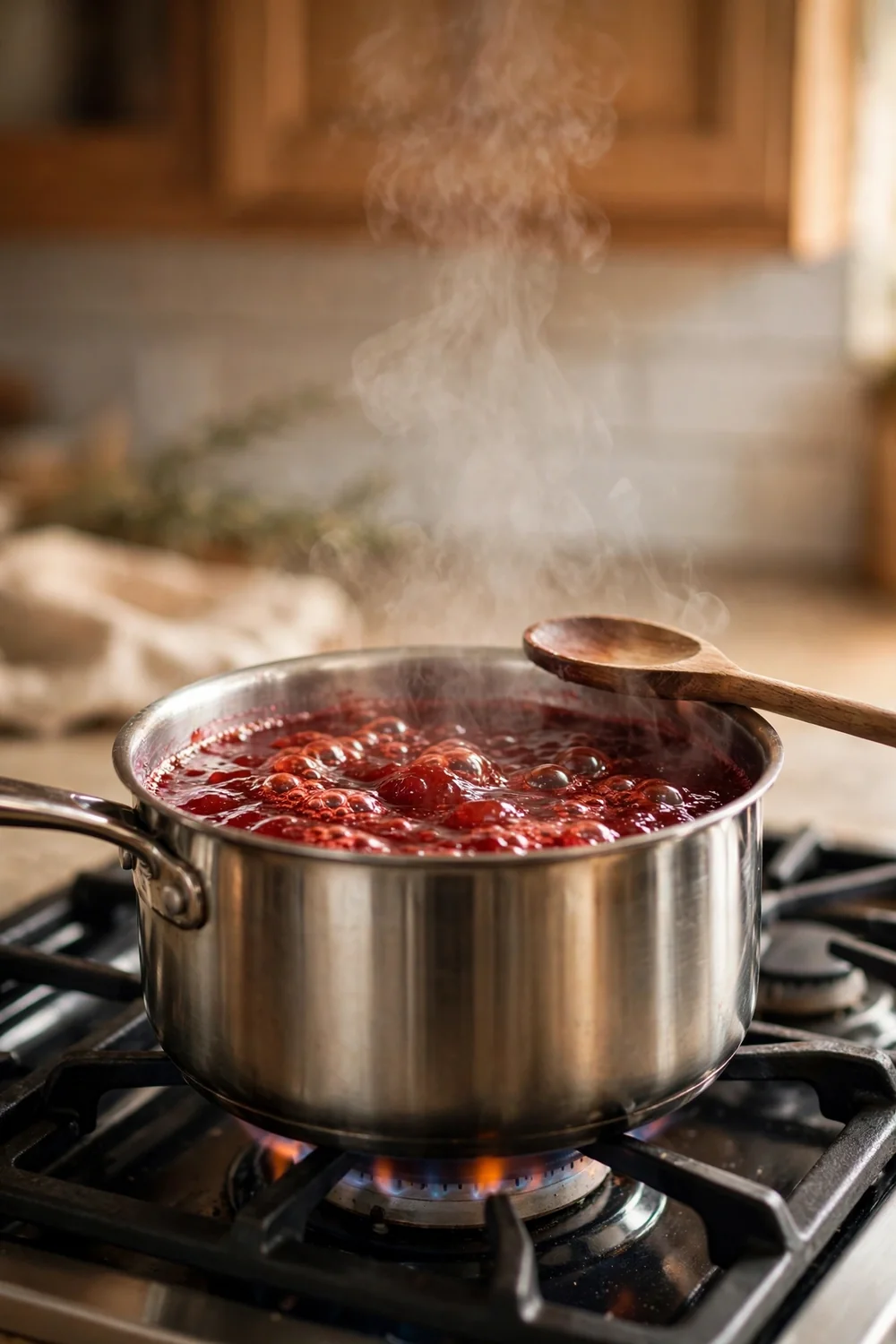 Pot of red jam boiling on a stove with bubbles