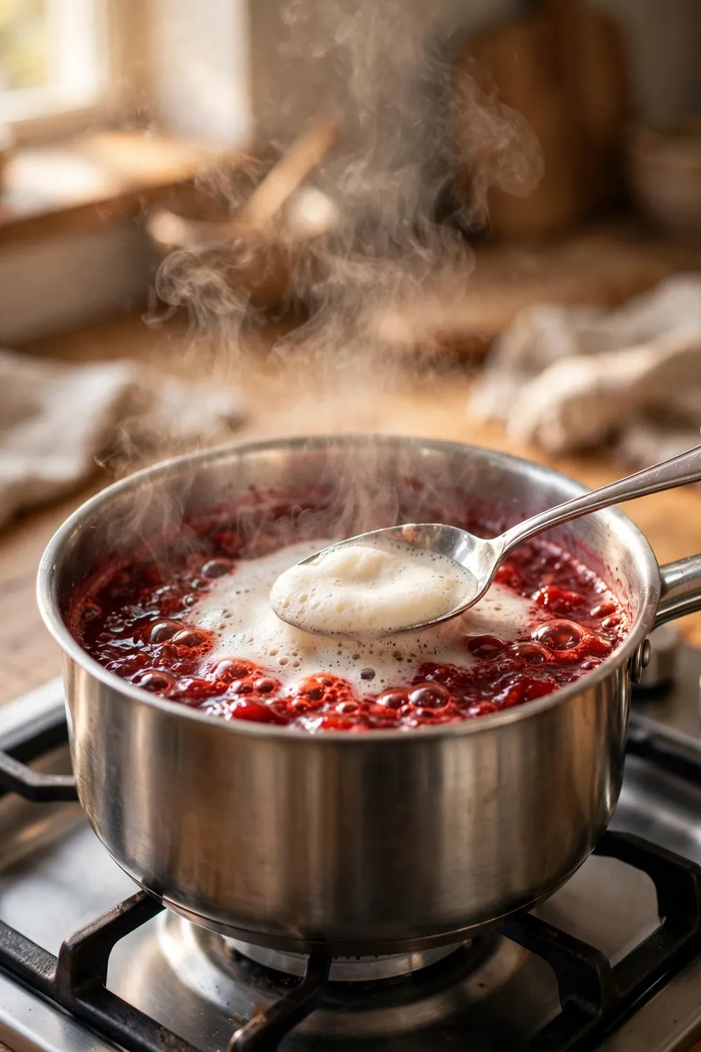 Spoon skimming foam off bubbling jam in a pot