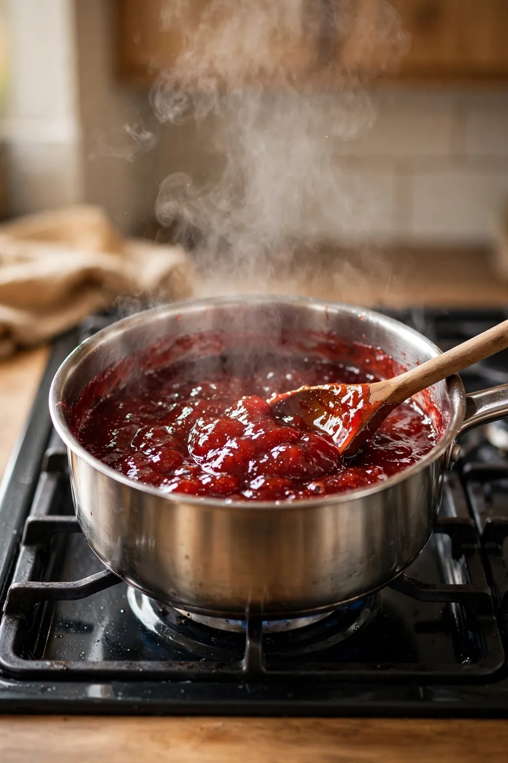 Pot of runny jam being reboiled with a spoon stirring