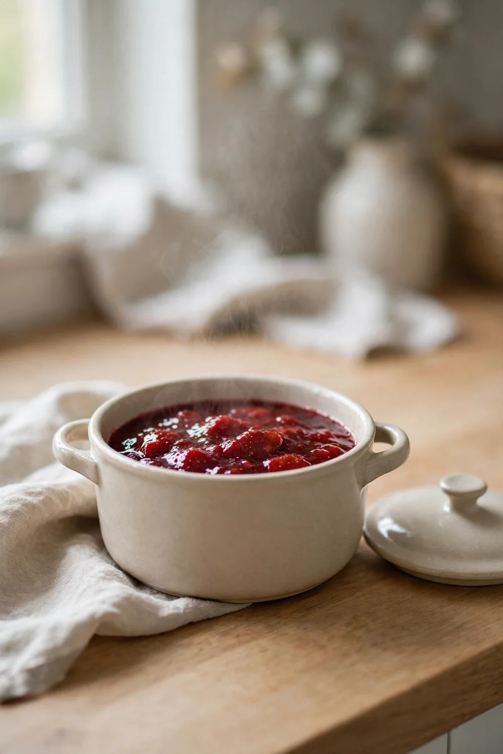 Pot of fresh jam cooling on a kitchen counter