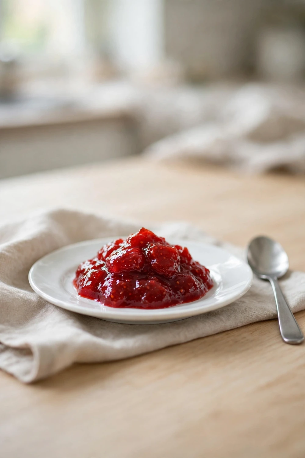 Spoonful of jam on a small plate for a set test