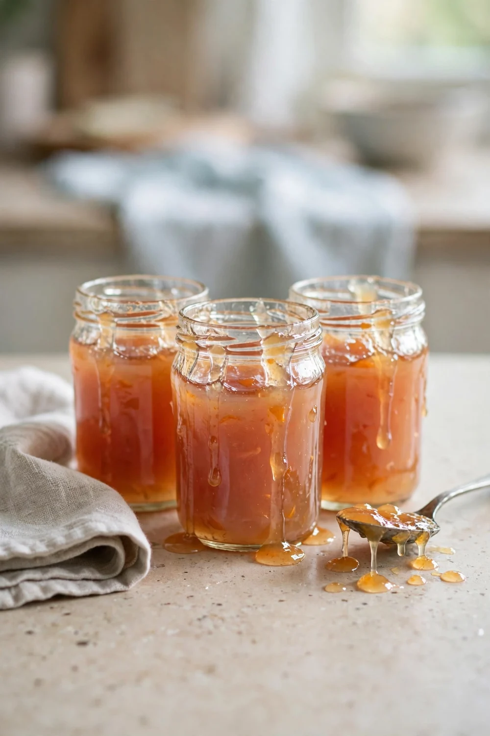 Glass jars of runny jam beside a spoon on a counter
