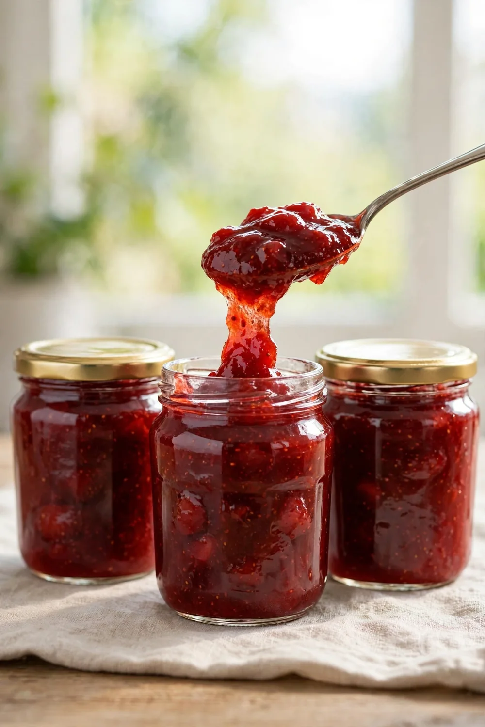 Glass jars of thick glossy set jam with a spoon